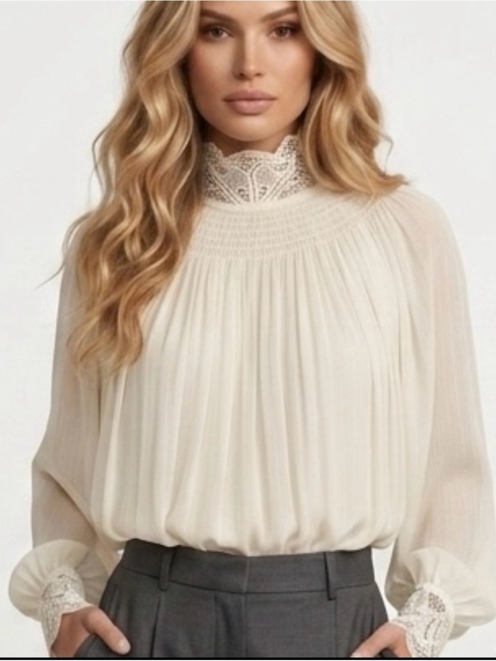 REISS Ivory European Romantic Etoile Lace Trim Draped Top Blouse Women’s 6 S